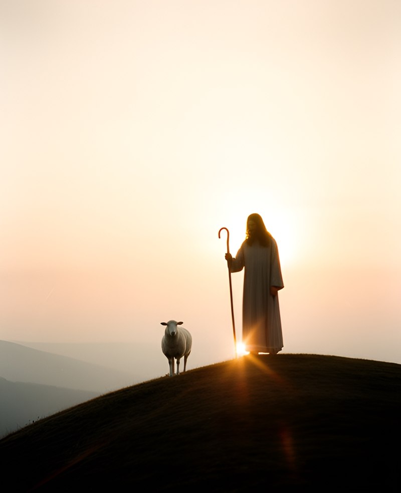 Fotografía ilustrativa de Jesús, el Buen Pastor, a contraluz al amanecer junto a una oveja (creada con IA)