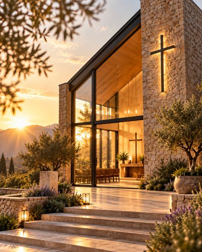 Capilla de piedra y vidrio con una cruz, al atardecer